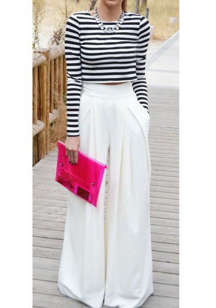 black and white striped long-sleeved short t-shirt with flared trousers