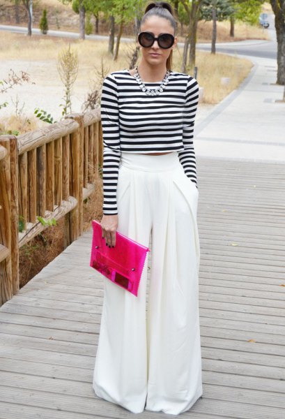 black and white striped long-sleeved short t-shirt with palazzo trousers