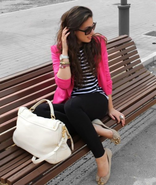 black and white striped long-sleeved T-shirt and light pink flats