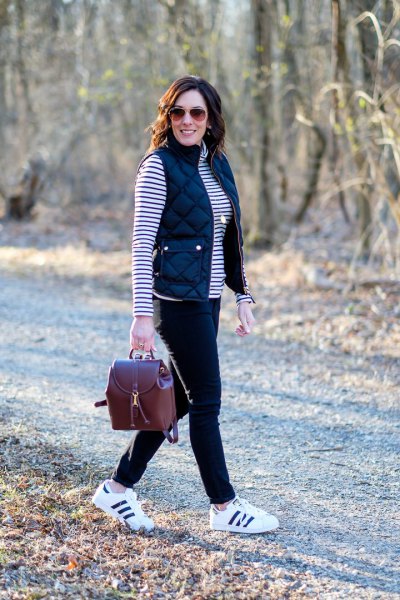 black and white striped long sleeve t-shirt with sneakers