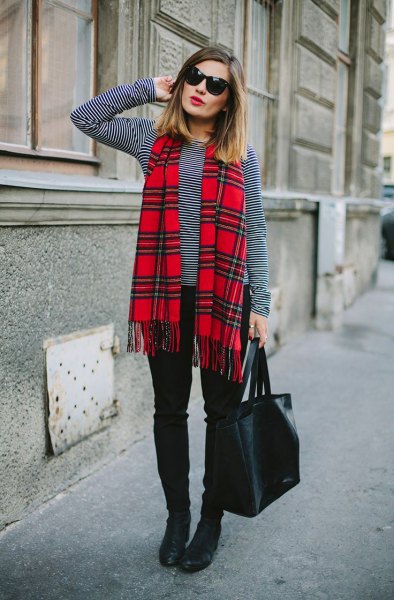 black and white striped long sleeved t-shirt red scarf
