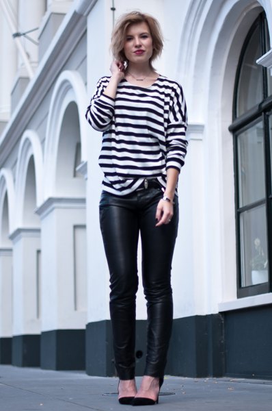 black and white striped long sleeve T-shirt with leather gaiters