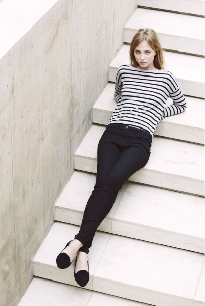 black and white striped long-sleeved top with chinos and ballerinas