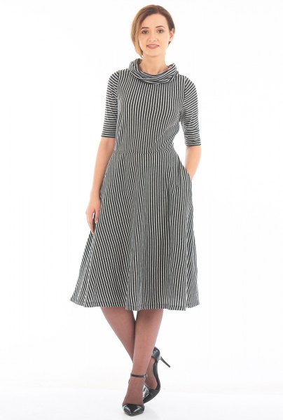 black and white striped mock neck half sleeves with fit and flared dress