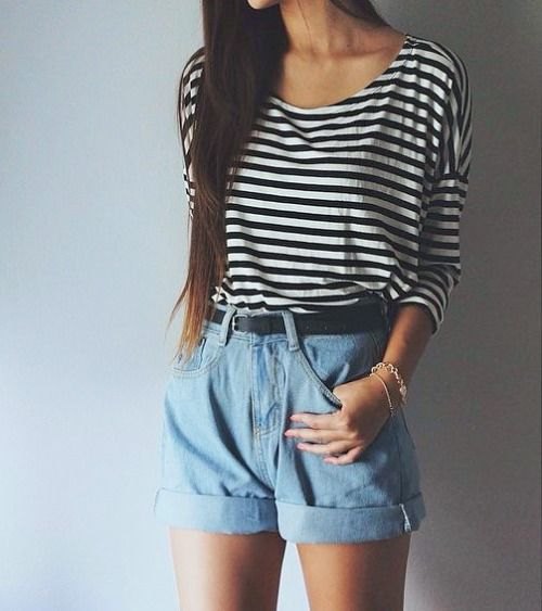 black and white striped t-shirt with scoop neckline and light blue, unwashed high-rise shorts