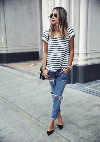 black and white striped short-sleeved t-shirt with ripped jeans