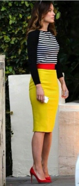 black and white striped sweater and lemon yellow midi bodycon skirt