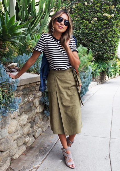 black and white striped t-shirt with a long khaki wrap skirt