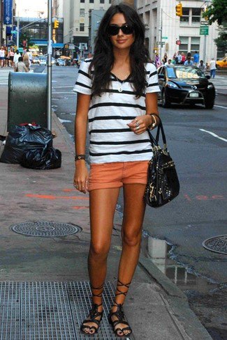 black and white striped t-shirt with mini-shorts in orange
