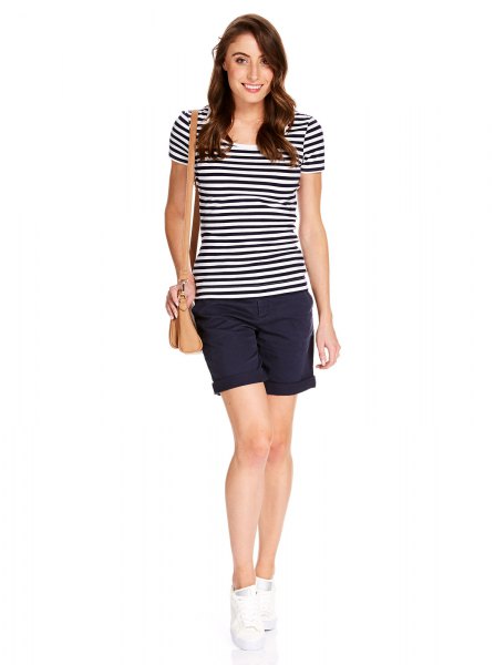 black and white striped t-shirt with dark blue mini shorts