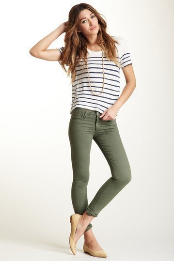 black and white striped t-shirt with olive green skinny jeans