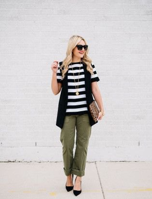 black and white striped t-shirt with vest and cuffed pants with cuff