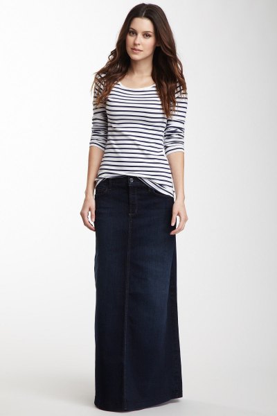 black and white striped t-shirt and dark blue denim maxi skirt