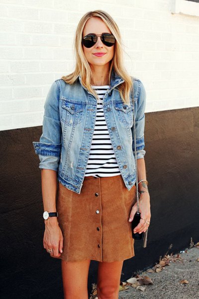 black and white striped t-shirt and denim jacket