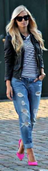 black and white striped t-shirt leather jacket