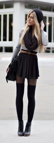 black and white striped t-shirt with mini skater skirt and tights with belt