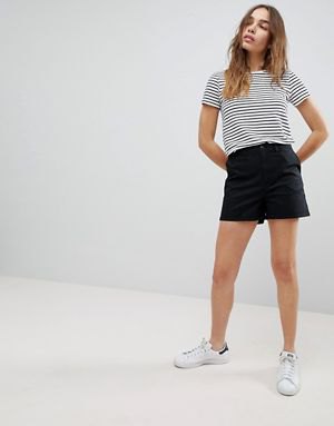 black and white striped t-shirt with chino shorts