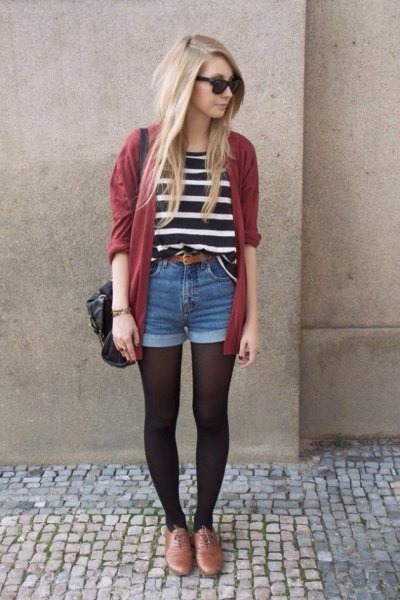 black and white striped t-shirt with green cardigan and denim shorts