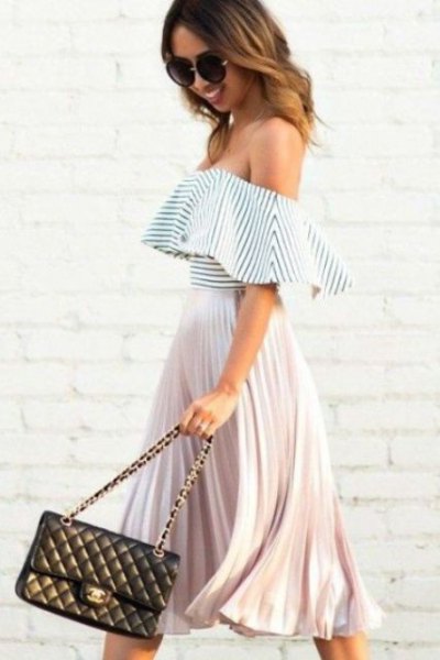 black and white striped pleated upper skirt