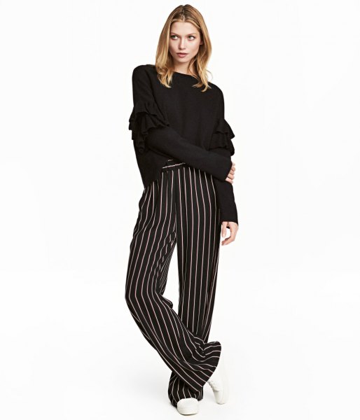 black and white striped wide-leg pants