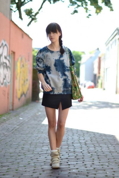 Black and white tie dye hoodie with mini skirt
