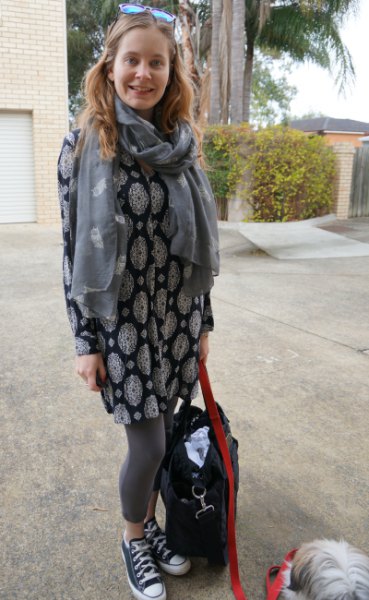 elegant tunic top with tribal print in black and white and gray scarf