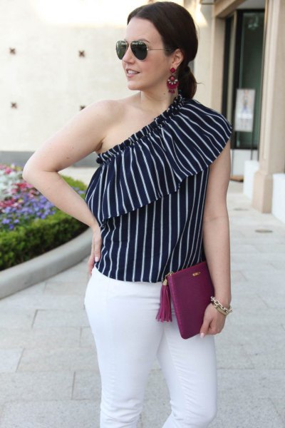 black and white vertical striped sleeveless blouse with one shoulder