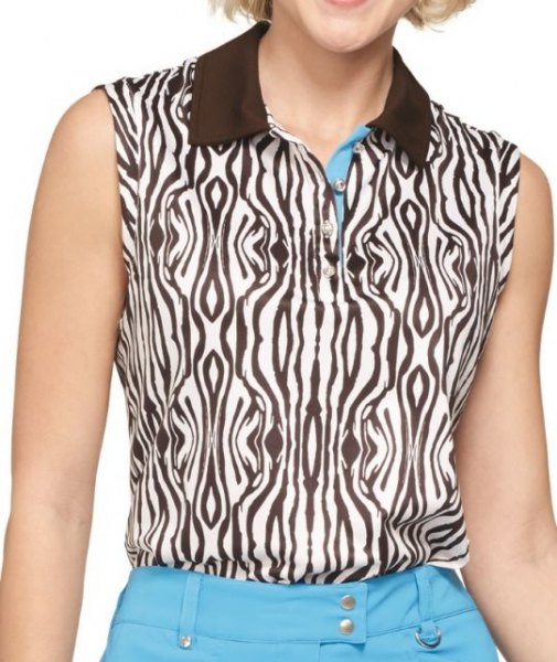 Sleeveless polo shirt with zebra print in black and white and sky blue jeans