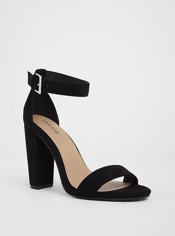Plus Size - Staci - Black Faux Suede Ankle Strap Tapered Heel (WW .
