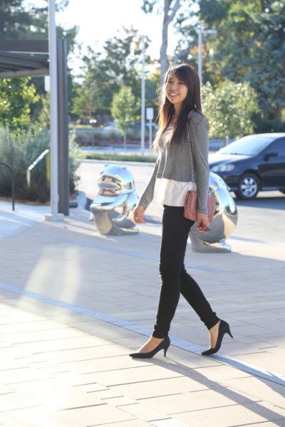 black ballet kitten heels with gray and white black sweater