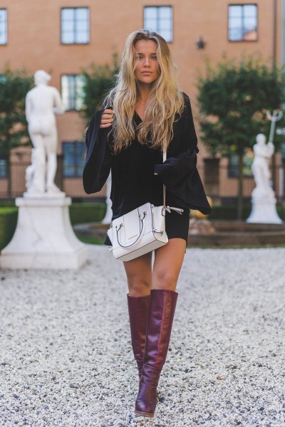black bell-sleeved dress gray knee-high leather boots