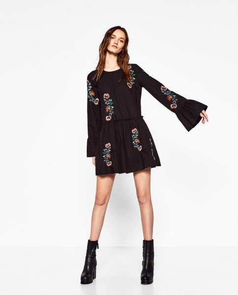 black, flower embroidered skater mini dress with bell sleeves