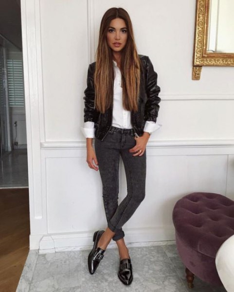 black biker jacket with white shirt and leather shoes