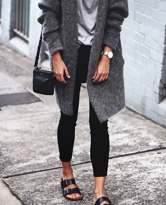black Birkenstocks gray sweater