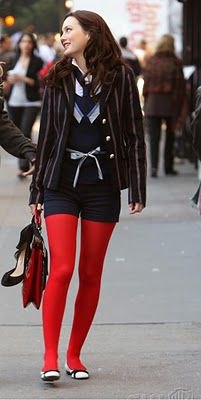 black blazer navy shorts red leggings