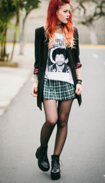 black t-shirt mini skirt with blazer print