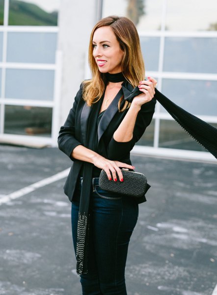 black blazer with coated jeans and a narrow scarf