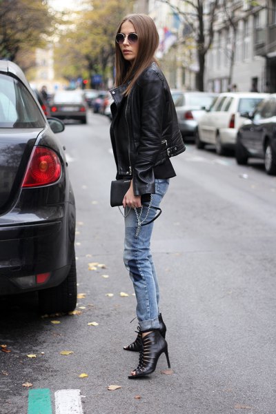 black blazer with gray-blue tube boots with tube neckline