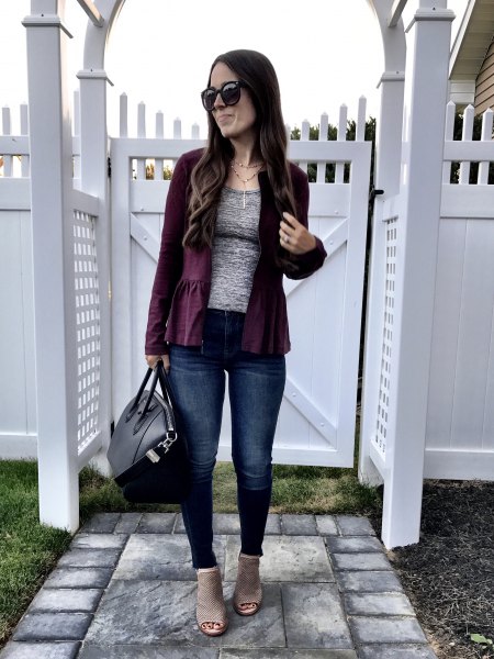 black blazer with a heather gray t-shirt and jeans