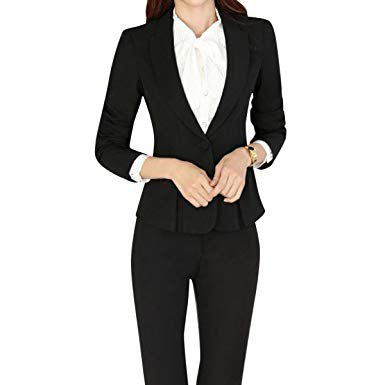 black blazer with matching chinos and a collarless white shirt