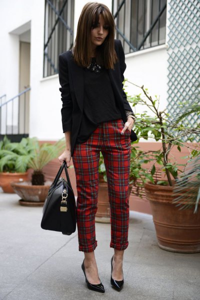 black blazer with red, checked, narrow trousers