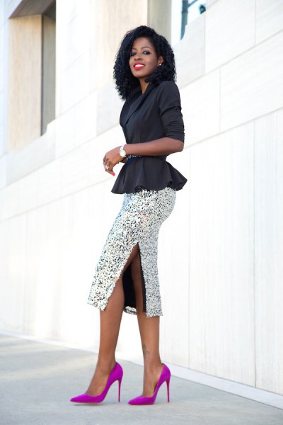 black blazer with a silver, figure-hugging midi skirt with sequins