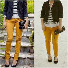 black blazer with striped sweater and mustard yellow slim fit trousers