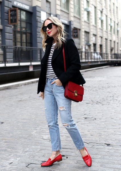 black blazer with a striped T-shirt and ripped ankle jeans
