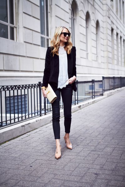 black blazer with white lace blouse and thin velvet jeans