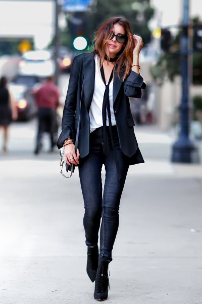 black blazer with white shirt and thin scarf
