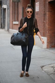 black blouse with dark gray cardigan and flats with leopard print