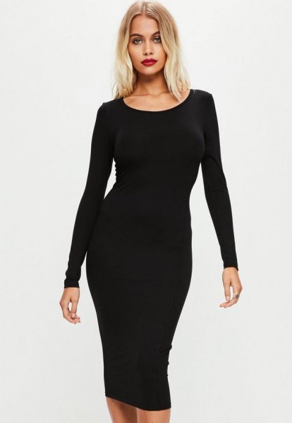 Black long-sleeved midi dress with a boat neckline and open toes