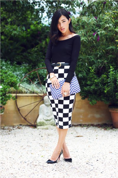 black top with boat neckline and checked midi-checked skirt