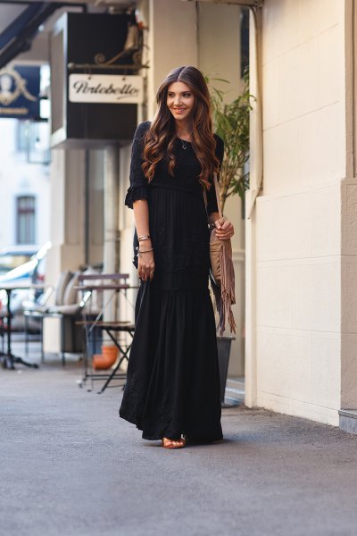 black floor-length floor-length dress in boho style